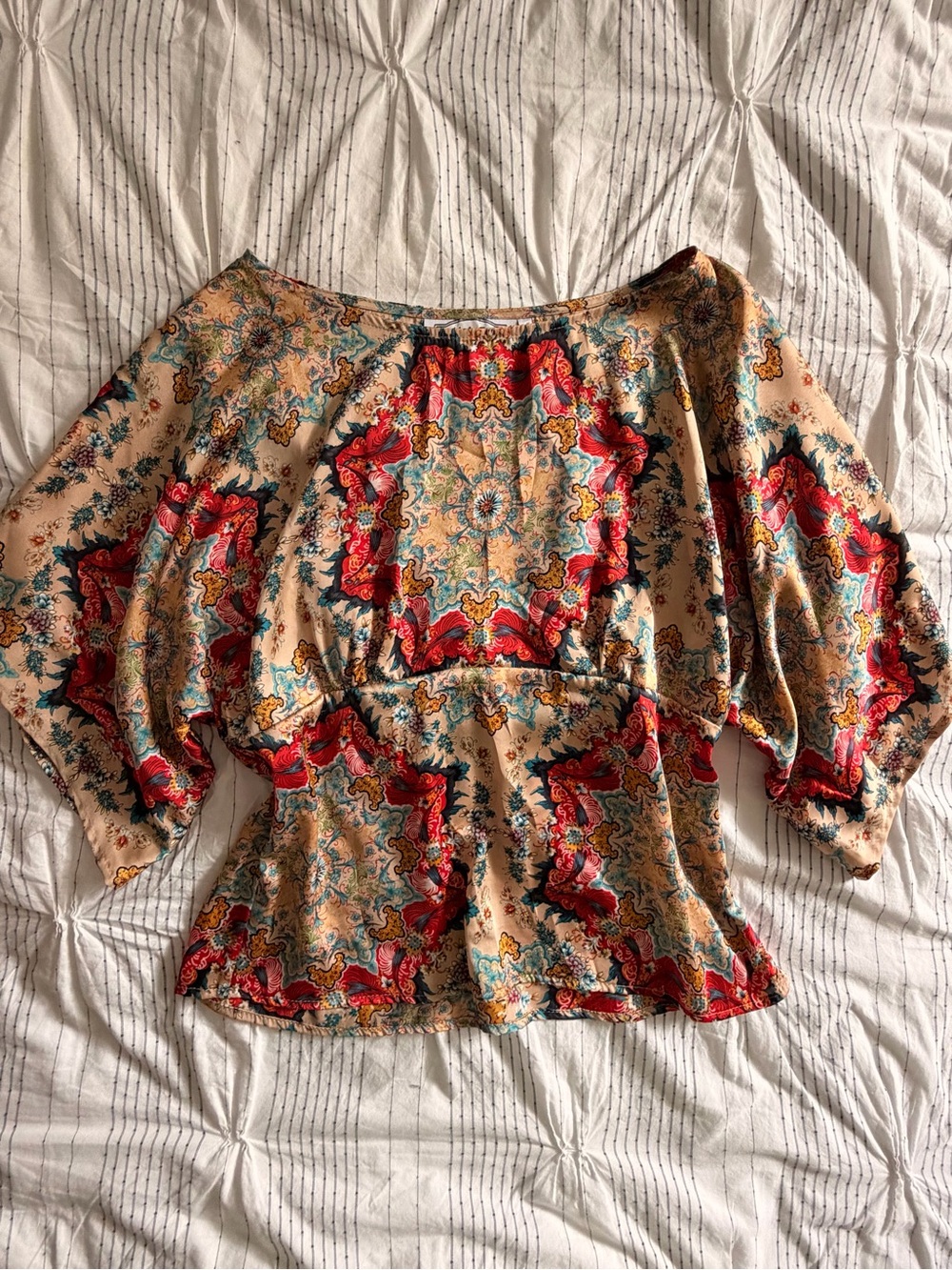 Anthropologie Red and Cream Floral Medallion Peasant Top